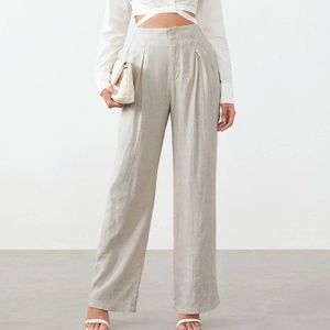 Classic Cream Linen Wide Leg Pockets Pants Trousers